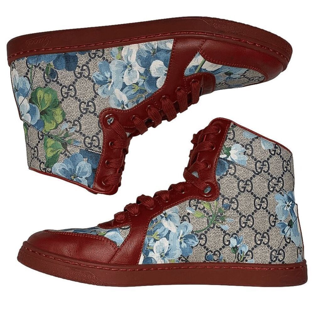 Gucci Coda Bloom High Top Sneaker Red EU 38.5 US 8.5 Blue Floral GG Supreme Logo - Picture 7 of 12